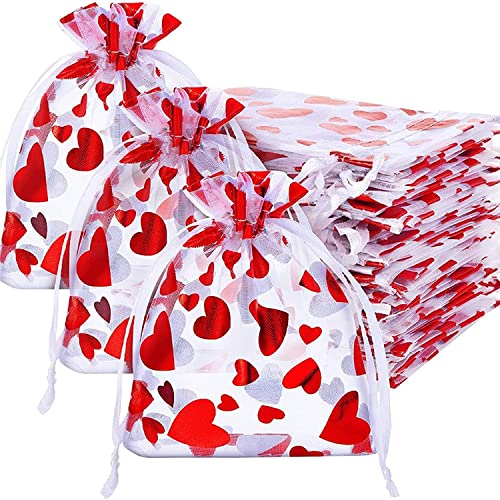 50 Pieces Valentine's Day Heart Candy Bags Organza Jewelry Pouches, Pouch Drawstring Bags for Jewelry Packaging Valentine's Day Wedding Festival Party Supply, 10 x 8 cm