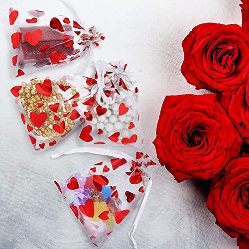 50 Pieces Valentine's Day Heart Candy Bags Organza Jewelry Pouches, Pouch Drawstring Bags for Jewelry Packaging Valentine's Day Wedding Festival Party Supply, 10 x 8 cm