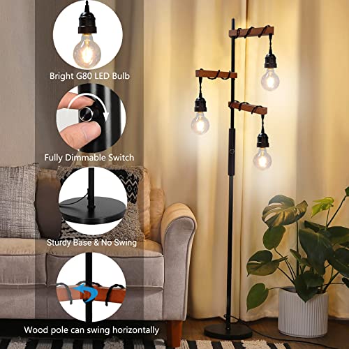Assemer Dimmable Farmhouse Floor Lamp,Industrial Vintage Tall Tree Lamp with 3 x 800lm LED Edison Bulbs,Standing Lamps for Living Room Bedroom