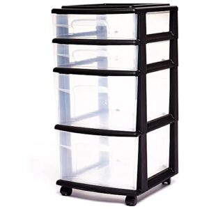 homz plastic 4 clear drawer medium home organization storage container tower with 2 large drawers and 2 small drawers, black frame