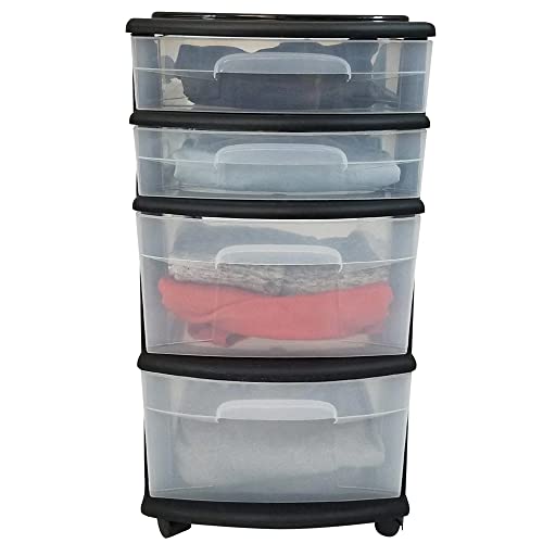 Homz Plastic 4 Clear Drawer Medium Home Organization Storage Container Tower with 2 Large Drawers and 2 Small Drawers, Black Frame