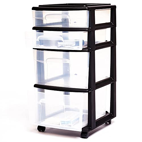 Homz Plastic 4 Clear Drawer Medium Home Organization Storage Container Tower with 2 Large Drawers and 2 Small Drawers, Black Frame