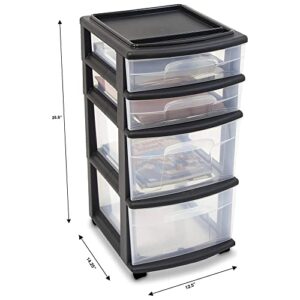 Homz Plastic 4 Clear Drawer Medium Home Organization Storage Container Tower with 2 Large Drawers and 2 Small Drawers, Black Frame