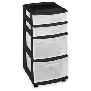 Homz Plastic 4 Clear Drawer Medium Home Organization Storage Container Tower with 2 Large Drawers and 2 Small Drawers, Black Frame