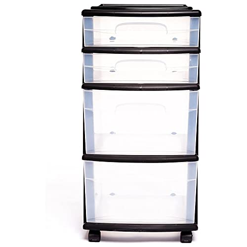 Homz Plastic 4 Clear Drawer Medium Home Organization Storage Container Tower with 2 Large Drawers and 2 Small Drawers, Black Frame