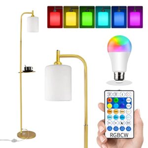 smart dimmable floor lamp with remote, 2700-6500k white color and rgb full color selectable gold floor lamps, remote control modern standing lamp for living room,diy mode-9w rgbw led bulb included