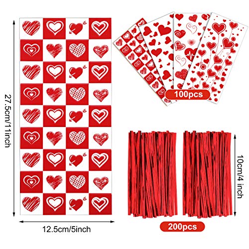 100 Pieces Valentines Day Cellophane Treat Bags Heart Cello Gift Bags Love Candy Goodies Cookie Bags with 200 Pieces Twist Ties for Wedding Holiday Valentine Party Favors Supplies