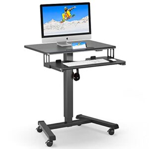 bontec mobile standing desk with keyboard tray, mobile podium, computer workstation up to 33lbs, laptop sit or stand desk on wheels, height adjustable stand up table for living room, bedroom, office