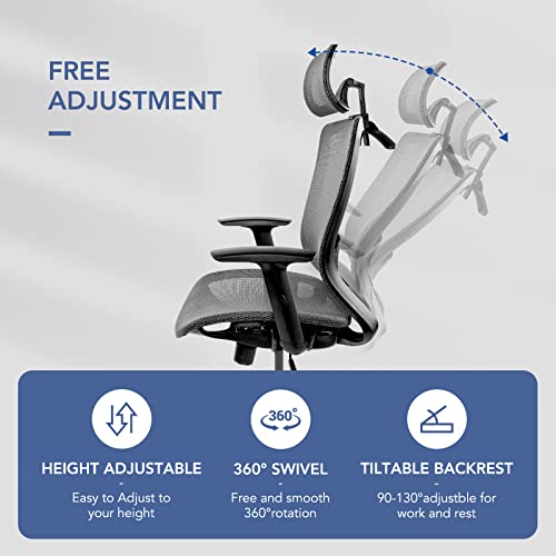 FLEXISPOT OC3B Ergonomic Executive Mesh Office Chair Swivel Height Adjustable Seat Headrest Armrest Lumbar Support Caster Wheels Task Chair Gray Mesh Seat Computer Office Desk Chair