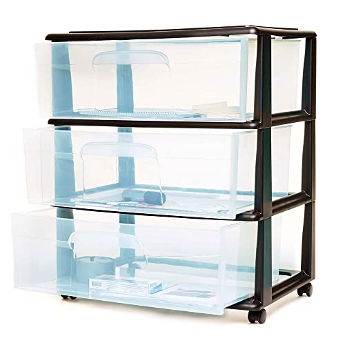 HOMZ Plastic 3 Drawer Wide Cart, Black Frame, Clear Drawers, 4 Casters included, Set of 1