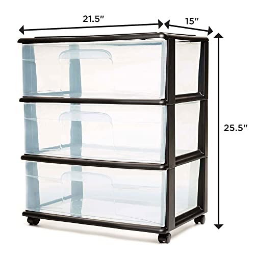 HOMZ Plastic 3 Drawer Wide Cart, Black Frame, Clear Drawers, 4 Casters included, Set of 1