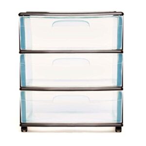 HOMZ Plastic 3 Drawer Wide Cart, Black Frame, Clear Drawers, 4 Casters included, Set of 1