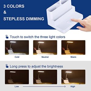 Small LED Desk Lamp with Pen/Phone Holder Function, Rechargeable Desk Light with Flexible Gooseneck, 3 Color Modes, Stepless Dimming, Eye Caring, Small Study Lamp for Dorm, Bedroom (Max Height 14 IN )