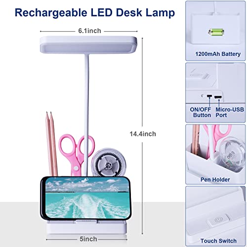 Small LED Desk Lamp with Pen/Phone Holder Function, Rechargeable Desk Light with Flexible Gooseneck, 3 Color Modes, Stepless Dimming, Eye Caring, Small Study Lamp for Dorm, Bedroom (Max Height 14 IN )