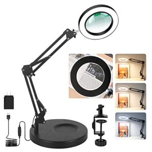 8x magnifying glass with light and stand, nakoos 2-in-1 real glass magnifying desk lamp & clamp, 1500 lumens 3 color modes stepless dimmable lighted magnifier with base for ready hobby diy close work