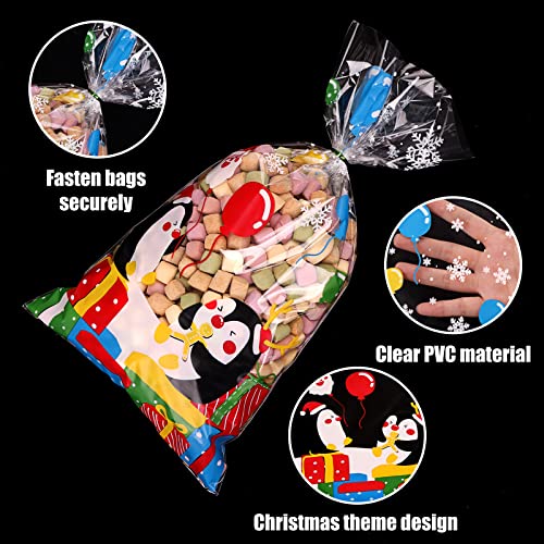 Moretoes 168pcs Christmas Candy Bags Treat Bags Cellophane Bags with 180pcs Twist Ties Snack Bags Penguin and Balloons Pattern 8 Assorted Styles for Christmas Party Supplies