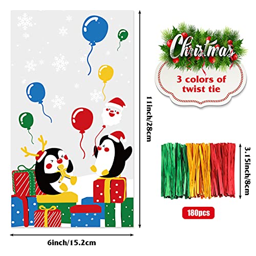 Moretoes 168pcs Christmas Candy Bags Treat Bags Cellophane Bags with 180pcs Twist Ties Snack Bags Penguin and Balloons Pattern 8 Assorted Styles for Christmas Party Supplies