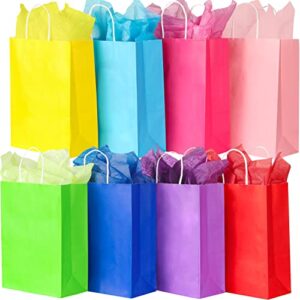 pinwatt 32 pieces gift bags with 32 tissues, 10.6″ gift bags medium size, 8 colors party favor bags rainbow goodie bags with handles for birthday, party supplies, wedding, holidays and gifts