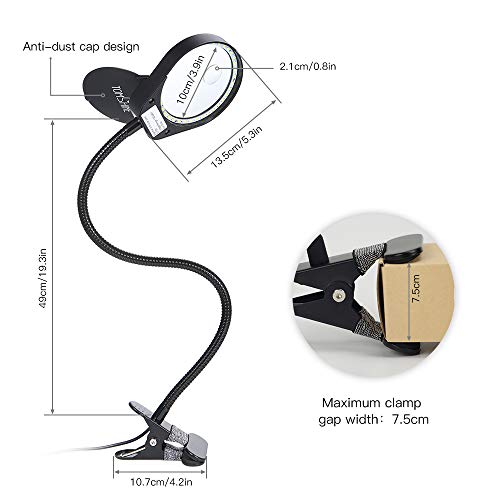 Magnifying Glass Lamp 3X 10X,Stepless Dimmable LED Magnifying Lamp with Dust Cover Metal Clamp,Adjustable LED Magnifier with Light and Stand for Crafts Reading Workbench Close Work