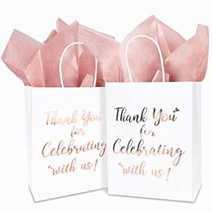 medium size thank you gift bags with tissue paper – 12 pack bulk kraft paper bags with gold foil print and handle for birthday party, baby shower, wedding celebration, size 8″l x 4″w x 10″h (white)