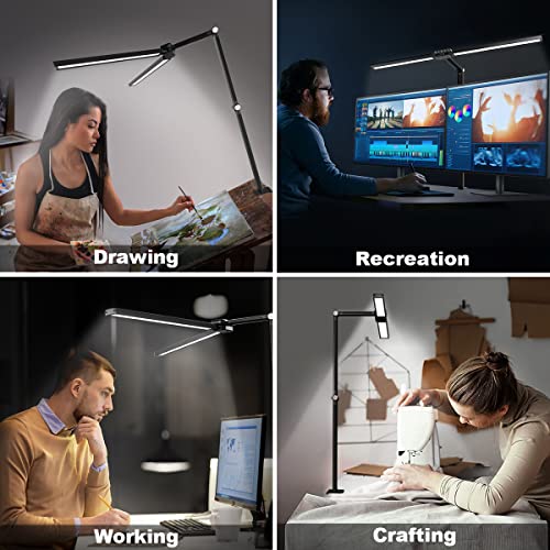 LED Desk Lamp with Clamp, Bravzurg 30.7in 24W Dual Light Source Table Lamps for Home Office with Light Sensor Function, 5 Modes and Dimmable, Eye Protection Clip Light for Study Monitor Studio Reading