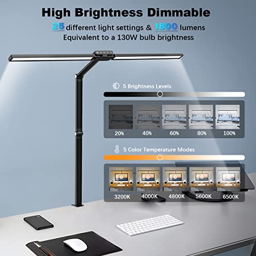 LED Desk Lamp with Clamp, Bravzurg 30.7in 24W Dual Light Source Table Lamps for Home Office with Light Sensor Function, 5 Modes and Dimmable, Eye Protection Clip Light for Study Monitor Studio Reading