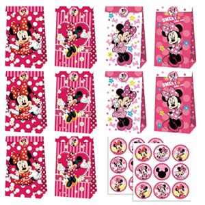 12 pcs mouse party bags with stickers, mouse gift paper bags, party gift goody treat candy bags for mouse party themed birthday decorations