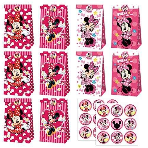 12 PCS Mouse Party Bags with Stickers, Mouse Gift Paper Bags, Party Gift Goody Treat Candy Bags for Mouse Party Themed Birthday Decorations