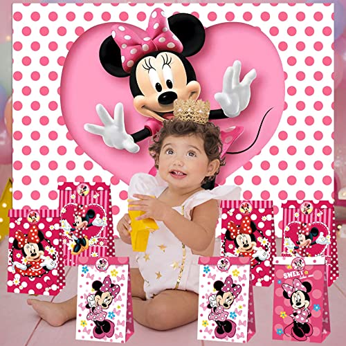12 PCS Mouse Party Bags with Stickers, Mouse Gift Paper Bags, Party Gift Goody Treat Candy Bags for Mouse Party Themed Birthday Decorations