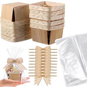 yerliker 10 set wooden gift baskets imitation jute bows clear treat bags set for christmas picking fruit birthday decorations wedding gift packages()