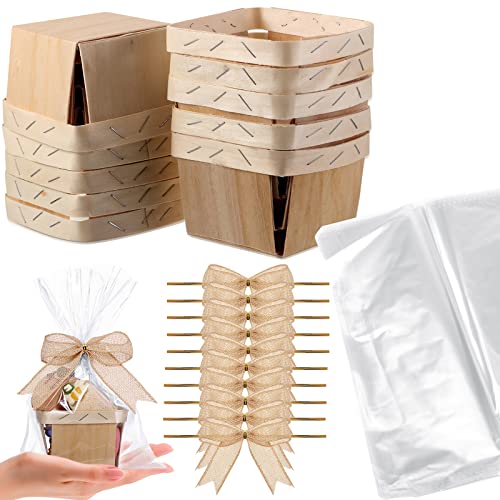 Yerliker 10 Set Wooden Gift Baskets Imitation Jute Bows Clear Treat Bags Set for Christmas Picking Fruit Birthday Decorations Wedding Gift Packages()