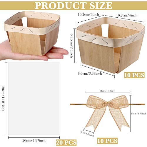 Yerliker 10 Set Wooden Gift Baskets Imitation Jute Bows Clear Treat Bags Set for Christmas Picking Fruit Birthday Decorations Wedding Gift Packages()