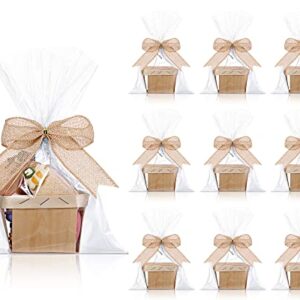 Yerliker 10 Set Wooden Gift Baskets Imitation Jute Bows Clear Treat Bags Set for Christmas Picking Fruit Birthday Decorations Wedding Gift Packages()