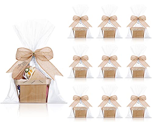 Yerliker 10 Set Wooden Gift Baskets Imitation Jute Bows Clear Treat Bags Set for Christmas Picking Fruit Birthday Decorations Wedding Gift Packages()