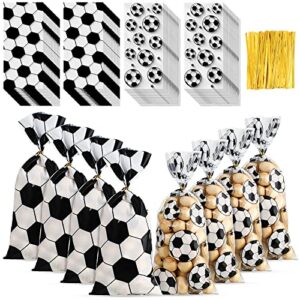 100 pieces soccer ball treat bags 2 designs soccer goodie bags football cellophane bags party favor gift bag with 100 pieces twist ties for kids soccer themed birthday supplies