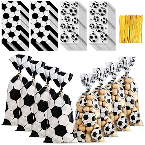 100 Pieces Soccer Ball Treat Bags 2 Designs Soccer Goodie Bags Football Cellophane Bags Party Favor Gift Bag with 100 Pieces Twist Ties for Kids Soccer Themed Birthday Supplies