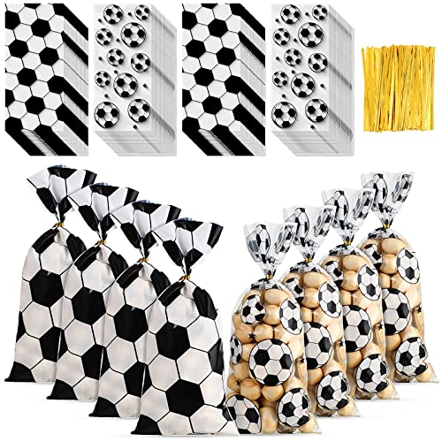 100 Pieces Soccer Ball Treat Bags 2 Designs Soccer Goodie Bags Football Cellophane Bags Party Favor Gift Bag with 100 Pieces Twist Ties for Kids Soccer Themed Birthday Supplies