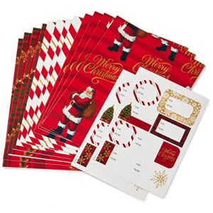 Hallmark Flat Christmas Wrapping Paper Sheets with Cutlines on Reverse and Gift Tag Seals (12 Folded Sheets, 16 Gift Tag Stickers) Red, White and Gold Stripes, Santa Claus, Snowflakes on Plaid