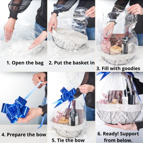 Gift Basket Empty to Fill- Sturdy Metal Fruit Basket with Additional Clear Wrapping Bags and Pull-Bows, Durable Black Wire Fruit Basket With Lining for Gifts and Storage, DIY Gift Basket