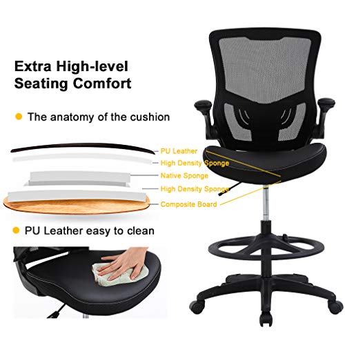 Drafting Chair Ergonomic Tall Office Chair Standing Desk Chair with Flip Up Arms Foot Rest Back Support Adjustable Height Mesh Drafting Stool, Black