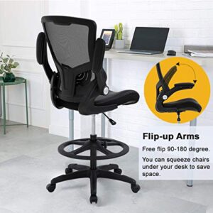 Drafting Chair Ergonomic Tall Office Chair Standing Desk Chair with Flip Up Arms Foot Rest Back Support Adjustable Height Mesh Drafting Stool, Black
