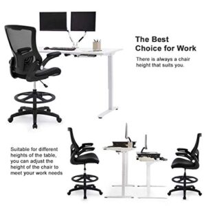 Drafting Chair Ergonomic Tall Office Chair Standing Desk Chair with Flip Up Arms Foot Rest Back Support Adjustable Height Mesh Drafting Stool, Black