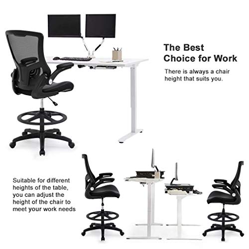 Drafting Chair Ergonomic Tall Office Chair Standing Desk Chair with Flip Up Arms Foot Rest Back Support Adjustable Height Mesh Drafting Stool, Black