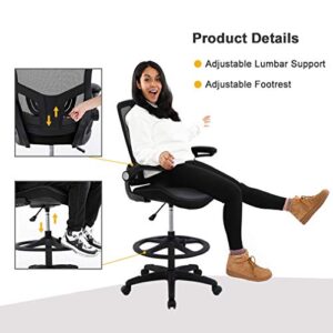 Drafting Chair Ergonomic Tall Office Chair Standing Desk Chair with Flip Up Arms Foot Rest Back Support Adjustable Height Mesh Drafting Stool, Black