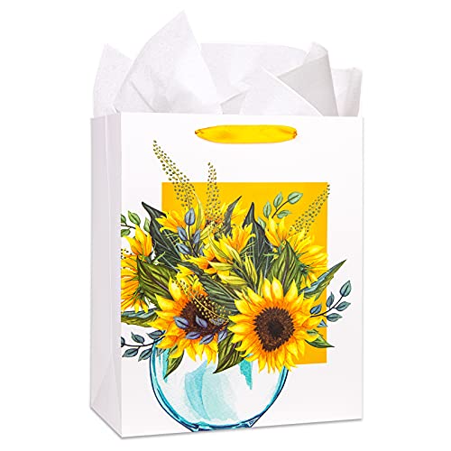 FaCraft Sunflower Gift Bag 13" Watercolor Flower and Vase Gift Bag Large Gift Bag with Tissue Paper for Birthdays, Mothers Day,Anniversary,Baby Shower,Bridal Shower Sunflower Party Supplies