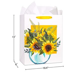 FaCraft Sunflower Gift Bag 13" Watercolor Flower and Vase Gift Bag Large Gift Bag with Tissue Paper for Birthdays, Mothers Day,Anniversary,Baby Shower,Bridal Shower Sunflower Party Supplies