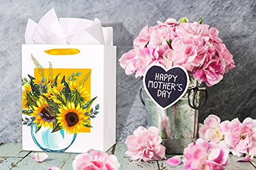 FaCraft Sunflower Gift Bag 13" Watercolor Flower and Vase Gift Bag Large Gift Bag with Tissue Paper for Birthdays, Mothers Day,Anniversary,Baby Shower,Bridal Shower Sunflower Party Supplies