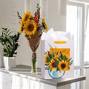 FaCraft Sunflower Gift Bag 13" Watercolor Flower and Vase Gift Bag Large Gift Bag with Tissue Paper for Birthdays, Mothers Day,Anniversary,Baby Shower,Bridal Shower Sunflower Party Supplies