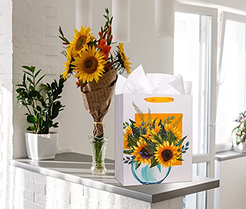 FaCraft Sunflower Gift Bag 13" Watercolor Flower and Vase Gift Bag Large Gift Bag with Tissue Paper for Birthdays, Mothers Day,Anniversary,Baby Shower,Bridal Shower Sunflower Party Supplies