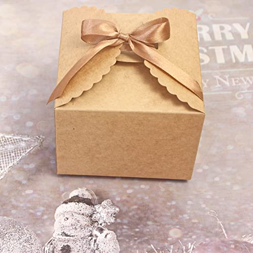 Brown Gift Box for Presents, 10 Pack Small Empty Kraft Gift Boxes with Ribbon For Packaging Candy, Cookie, Chocolate, Craft, Candle, and Other Small Gifts, 4.75” x 4.75” x 3.53” Cute Paper Boxes